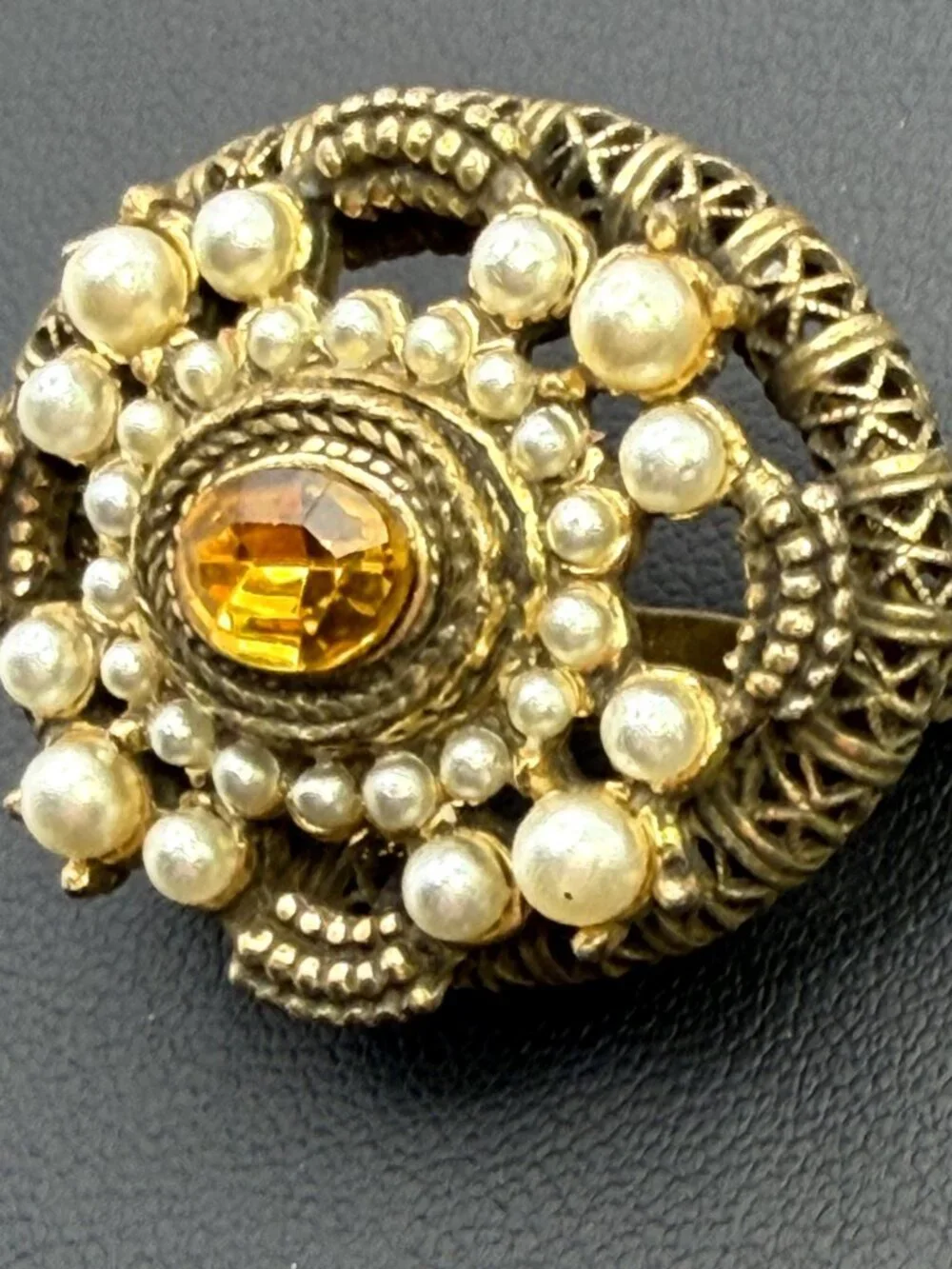 Vintage Victorian Revival Brooch Amber Glass Faux Pearl Filigree Pin